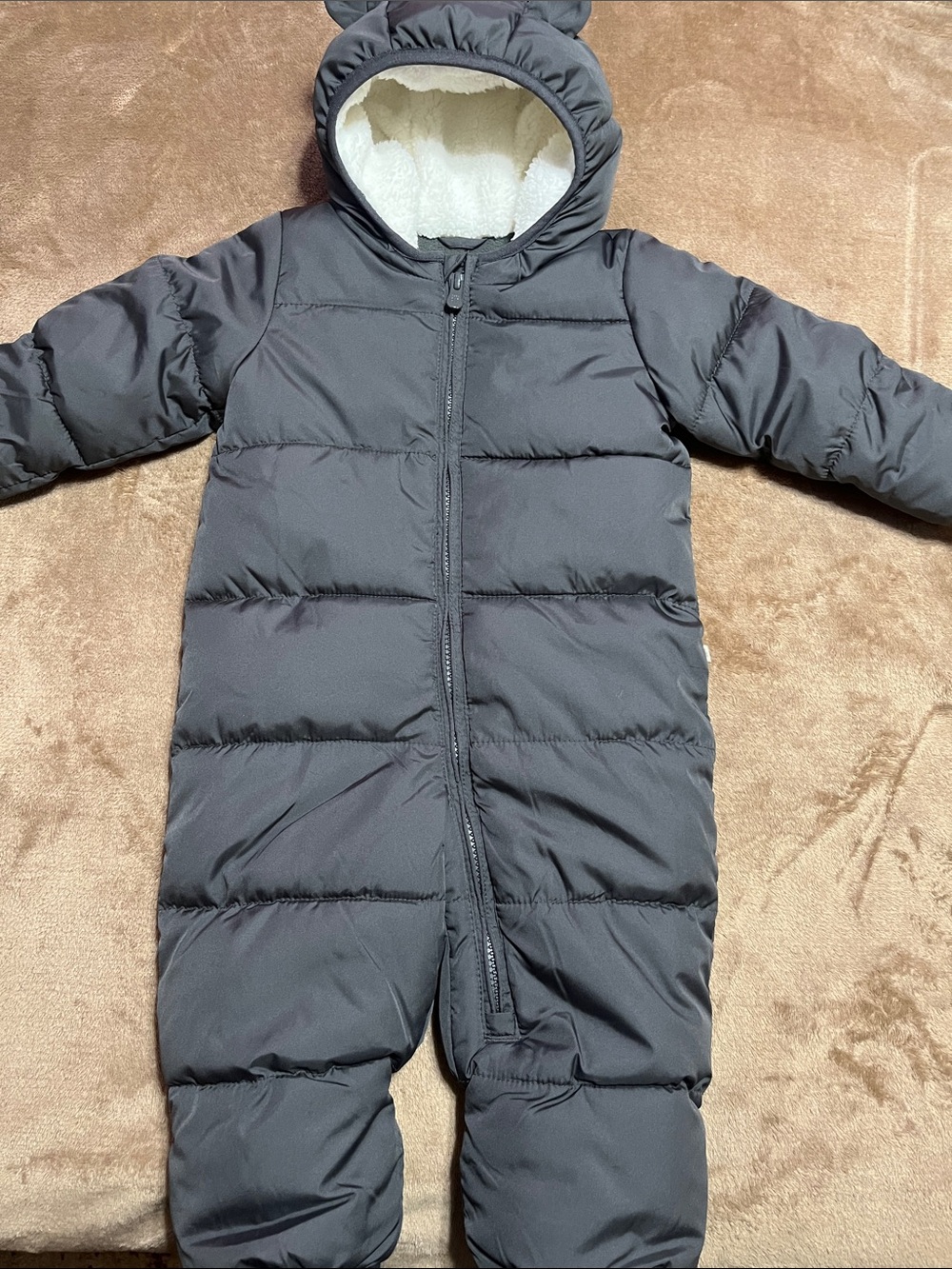 GAP Dark Gray Puffer One-Piece Snowsuit with Sherpa Hood